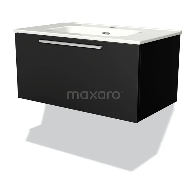 Modulo Bathroom furniture with sink | 80 cm Matte black Flat front Ceramic 1 drawer BMW11-01112 Black hanging bathroom unit with vanity units with basin, sleek design and black metal handle, ideal for modern bathrooms.