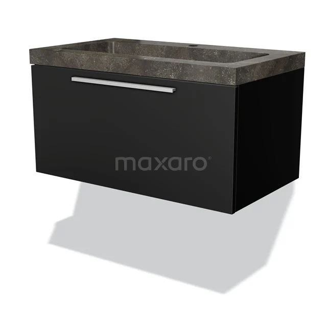 Black suspended bathroom unit with concrete-look vanity units with basin, modern design, sleek drawers and durable materials.