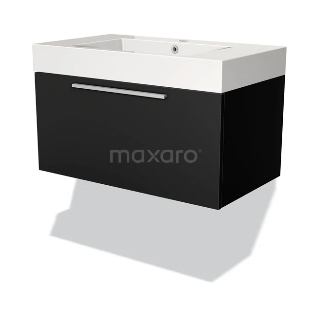 Black floating vanity unit with white ceramic sink, rectangular, modern bathroom style, fitted with metal handle.