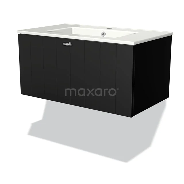 Modulo Vanity units with basin | 80 cm Matte black Slat front Ceramic 1 drawer BMW11-01121 Black suspended bathroom unit with white ceramic basin, modern design, ideal for a sleek bathroom.