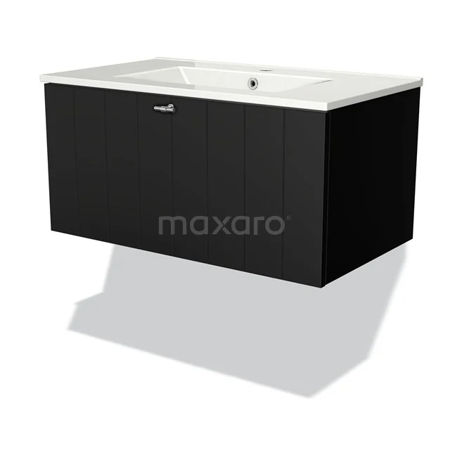 Black floating bathroom furniture set with white basin, modern design, featuring drawers with metal handle.