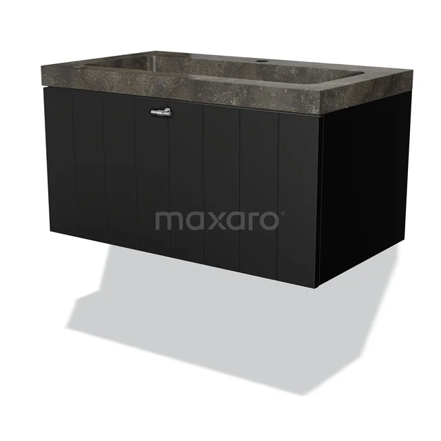 Black suspended bathroom unit with concrete-look vanity units with basin, modern rectangular shape and metal handle, ideal for stylish bathrooms.