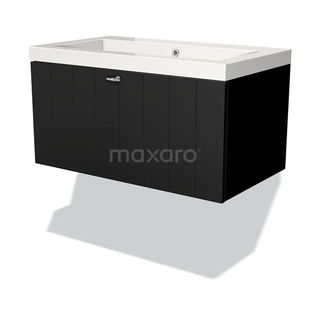 Schwarzer hängender Badschrank mit weißem Waschbecken, modernes Design, inklusive Softclose-Schublade, ideal für stilvolle Badezimmerlagerung.