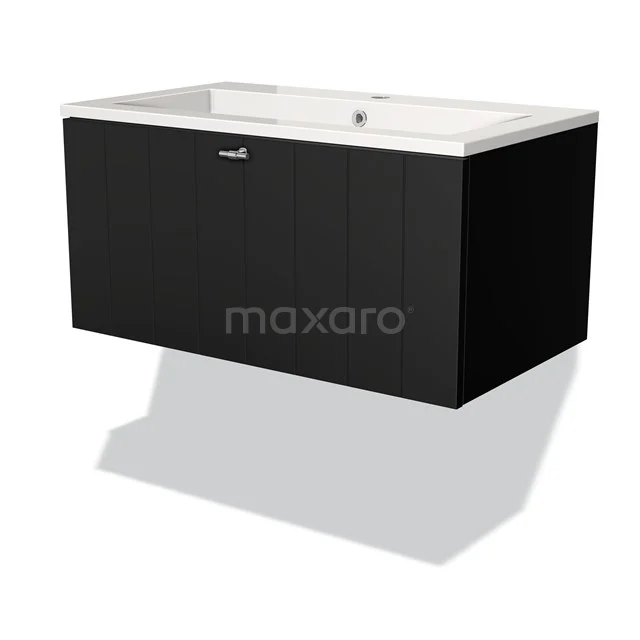 Schwarzes hängendes Badmöbelset mit weißem Waschbecken, modernes Design, glatte Oberfläche, ideal für stilvolle Badezimmergestaltung.