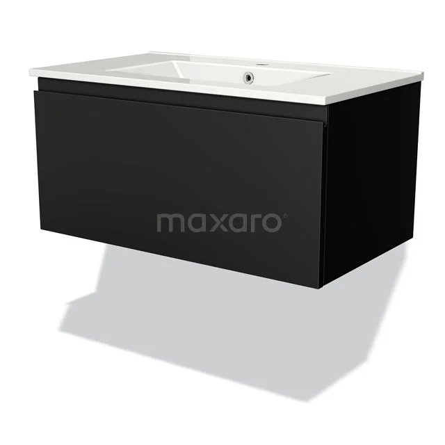 Black hanging bathroom unit with white ceramic basin worktop, sleek design suitable for modern bathroom fittings.