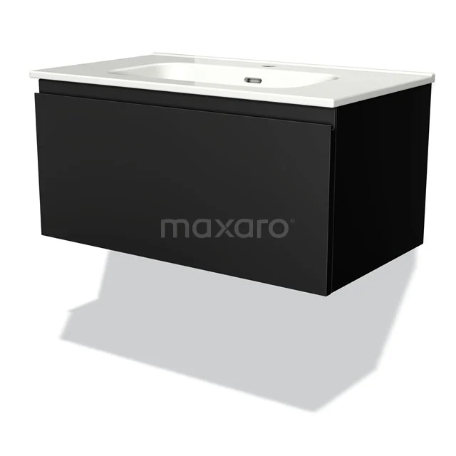 Floating black vanity unit with white ceramic sink, perfect for a modern bathroom style.
