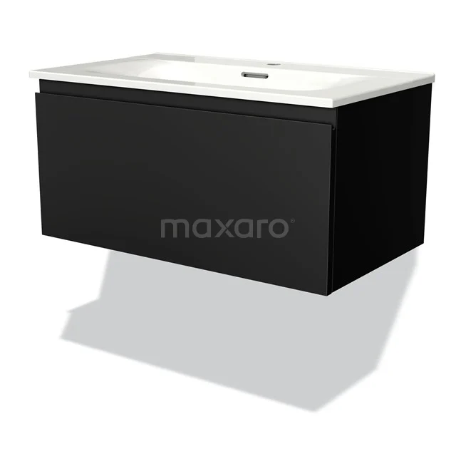 Modulo Vanity units with basin | 80 cm Matte black Handle-less front Ceramic 1 drawer BMW11-01137 Black hanging bathroom unit with white vanity unit with basin, sleek design, suitable for modern bathrooms.