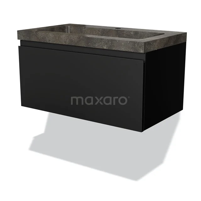 Schwarzes Badmöbel mit Softclose-Schublade und einer grauen Marmor-Waschtischplatte, modernes Design für stilvolle Bäder.