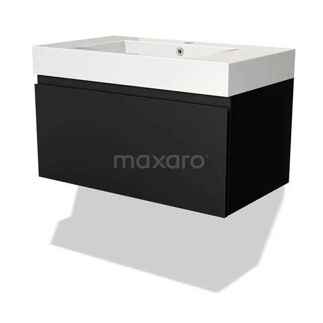 Black wall unit with white basin, modern design, ideal as compact bathroom unit.
