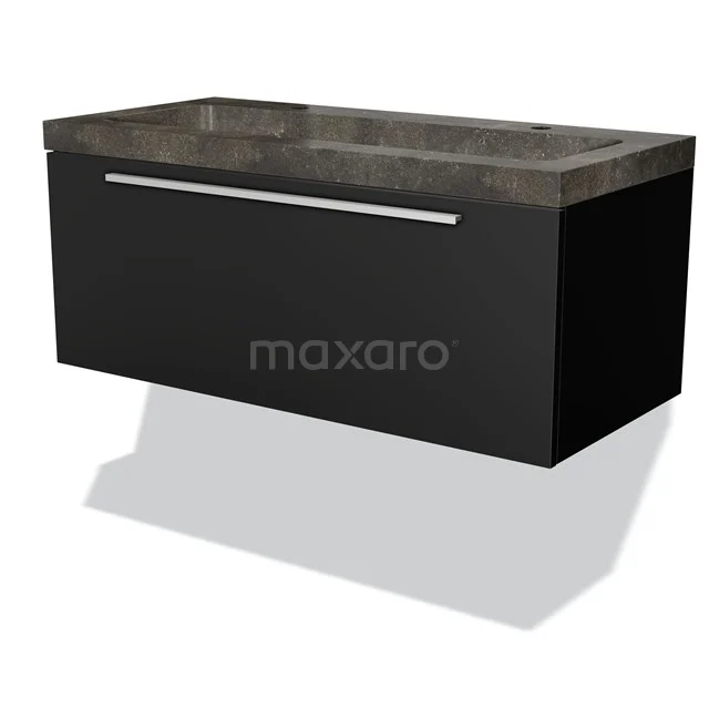Schwarzer Waschbeckenunterschrank mit dunkler Natursteinplatte, hängendes Design, ideal für stilvolle Badezimmergestaltung.