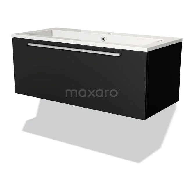 Black floating bathroom vanity unit with white ceramic worktop and long chrome handle, modern and sleek design.