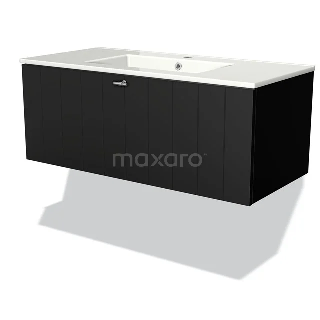 Black floating bathroom unit with glossy finish and integrated white basin, modern design for bathrooms.