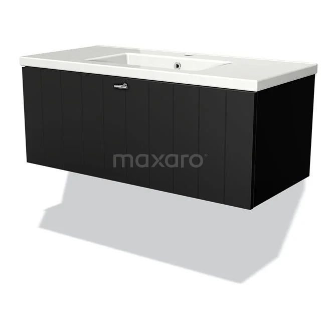 Modulo Vanity units with basin | 100 cm Matte black Slat front Ceramic 1 drawer BMW11-01161 Black hanging bathroom furniture set with wood grain and white basin, ideal as a modern bathroom element.
