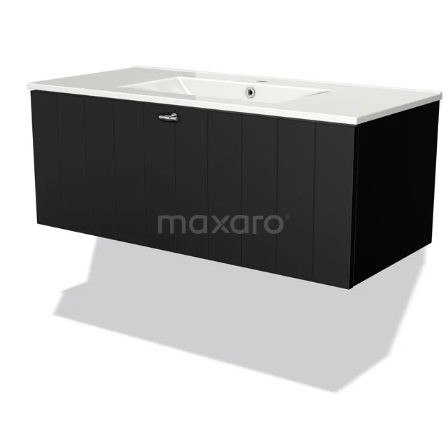 Black wooden bathroom unit with white ceramic basin, sleek design, ideal for modern bathrooms.