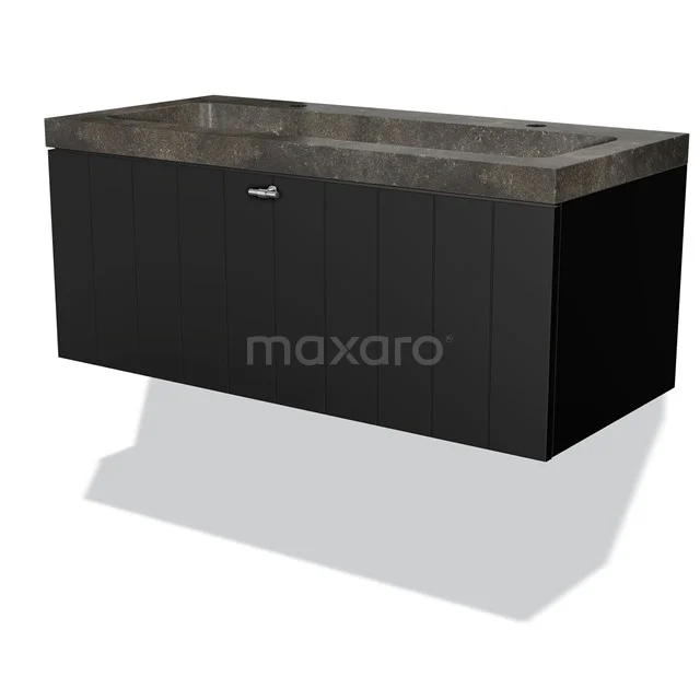 Black hanging bathroom cabinet with concrete-look basin, modern design, ample storage space and black metal handle.
