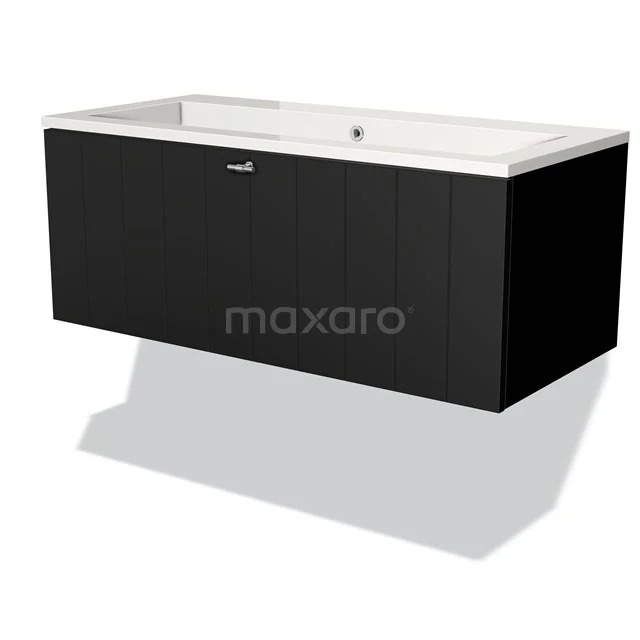 Black wooden bathroom unit with integrated white vanity units with basin, sleek design from the modern luxury series.