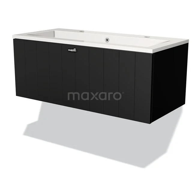 Modulo Bathroom furniture with sink | 100 cm Matte black Slat front Mineral marble 1 drawer BMW11-01172 Black bathroom unit with white basin, modern design, hanging model, ideal for a stylish and practical bathroom.