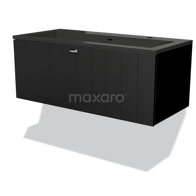 Schwarzes rechteckiges Waschbeckenmöbel aus Holz mit integriertem Waschbecken, ideal für eine moderne Badezimmer Einrichtung.