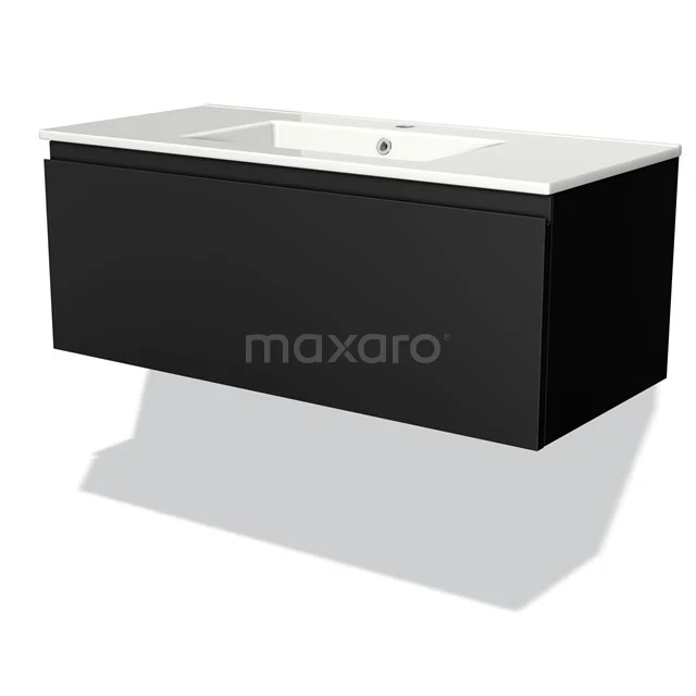 Floating black bathroom unit with white basin, modern design, clean lines, ideal for contemporary bathroom design.