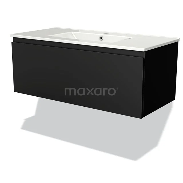 Black floating bathroom cabinet with ceramic basin, sleek design, suitable for modern bathroom fittings.