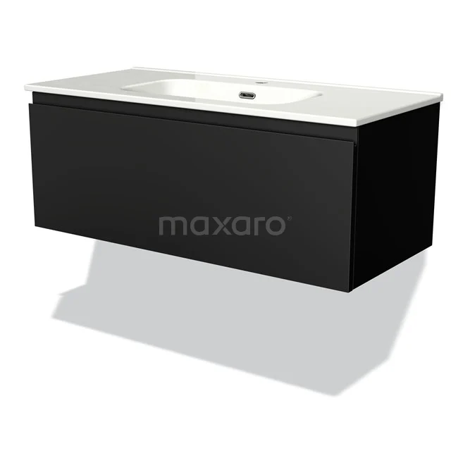 Black floating bathroom unit with white ceramic vanity units with basin, modern design and soft-close drawers for a stylish look.
