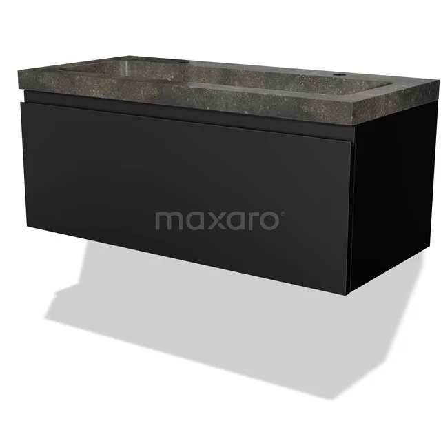 Zwarte badkamermeubelset met natuurstenen wastafel, strakke moderne look, perfect voor stijlvolle en praktische badkamerinrichting.