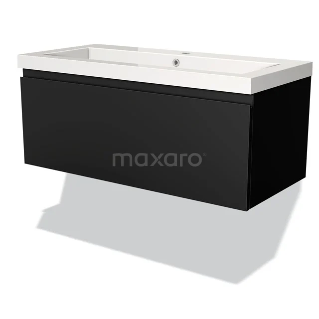 Zwarte Hangende Wastafelmeubel met witte keramische spoelbak, modern design, ideaal voor een stijlvolle badkamer inrichting.
