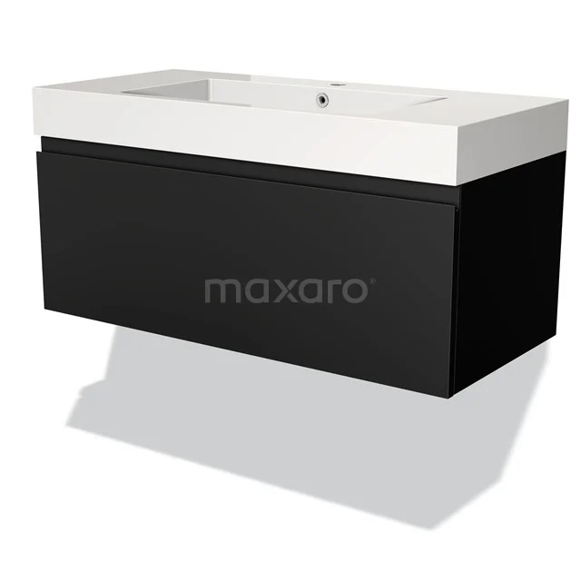 Schwarz-weiß Badmöbel mit klarer Formgebung, einschließlich breiter weißer Waschtischplatte. Perfekt für moderne Bäder.