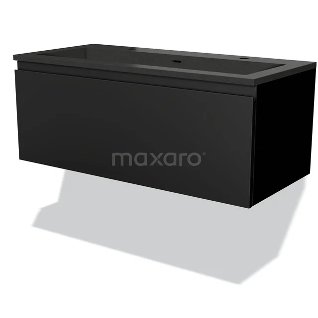 Black, wall-mounted, rectangular bathroom unit made of wood, with integrated vanity units with basin, sleek modern design.