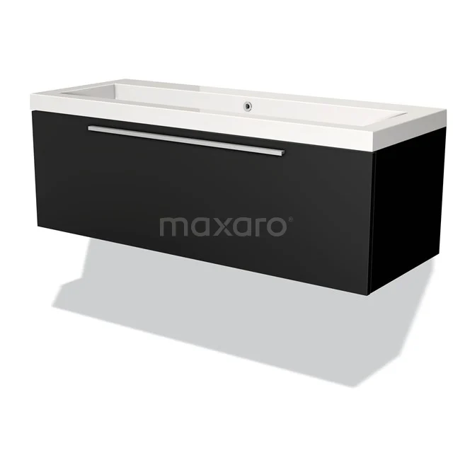 Black floating vanity unit with white ceramic sink, sleek design, ideal for modern bathrooms.