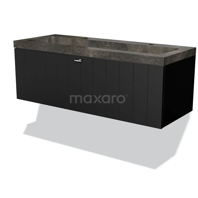 Black wall unit with marble basin worktop, modern design, ideal for stylish bathroom design.