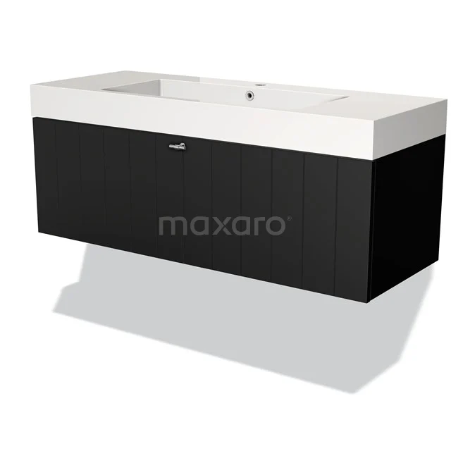 Black bathroom furniture set with white basin, modern design, A high-gloss finish, ideal for a stylish bathroom layout.