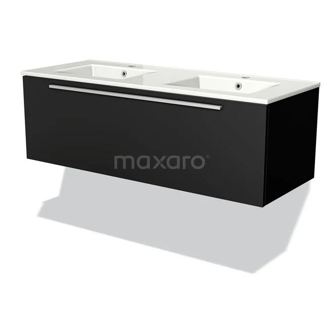 Black chrome double vanity unit with sleek design, white ceramic countertop wash basins and chrome handle. Perfect for modern bathrooms.