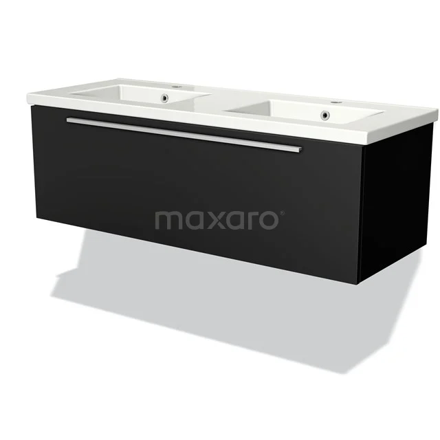 Black bathroom unit with double basin, sleek design and slim aluminium handle, ideal for modern bathrooms.