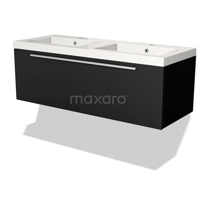 Black double basin with white ceramic countertop wash basins and slim chrome handle, ideal for modern bathrooms.