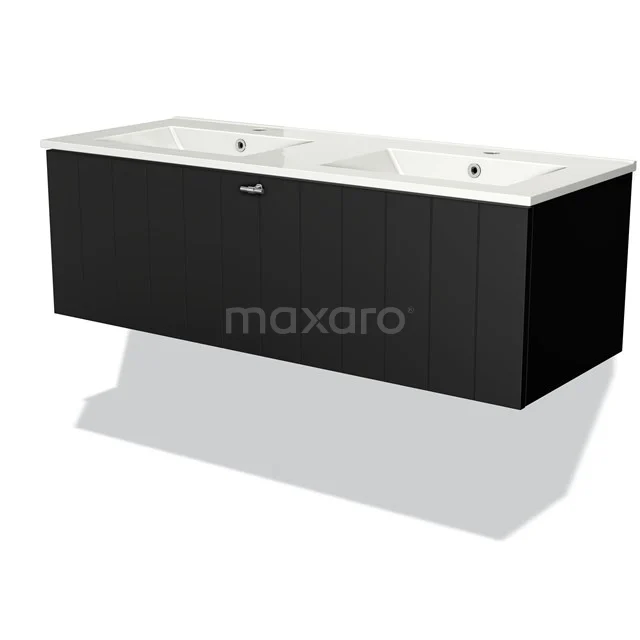Black bathroom furniture set with double basin, modern design and clean lines, perfect for a stylish bathroom.