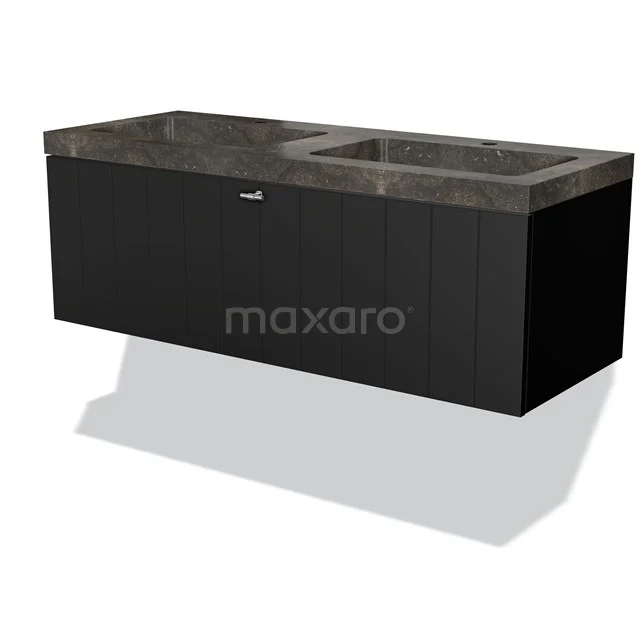 Black bathroom unit with marble basin, floating design and modern look, ideal for stylish bathroom spaces.