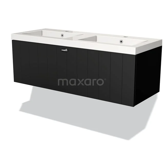 Modulo Vanity units with basin | 120 cm Matte black Slat front Mineral marble 1 drawer BMW11-01231 Black double vanity unit with white ceramic sink, modern design, ideal for spacious bathrooms.
