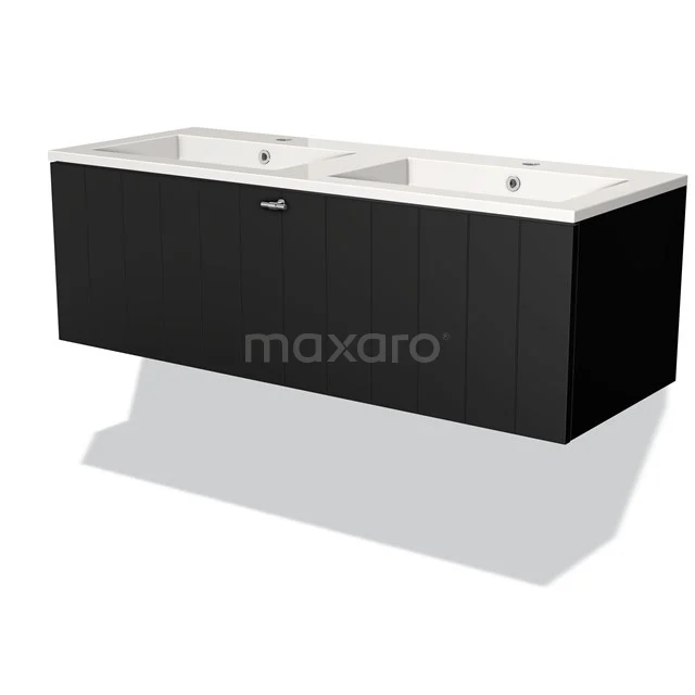Black double vanity unit with white ceramic sink, modern design, ideal for stylish bathroom design.