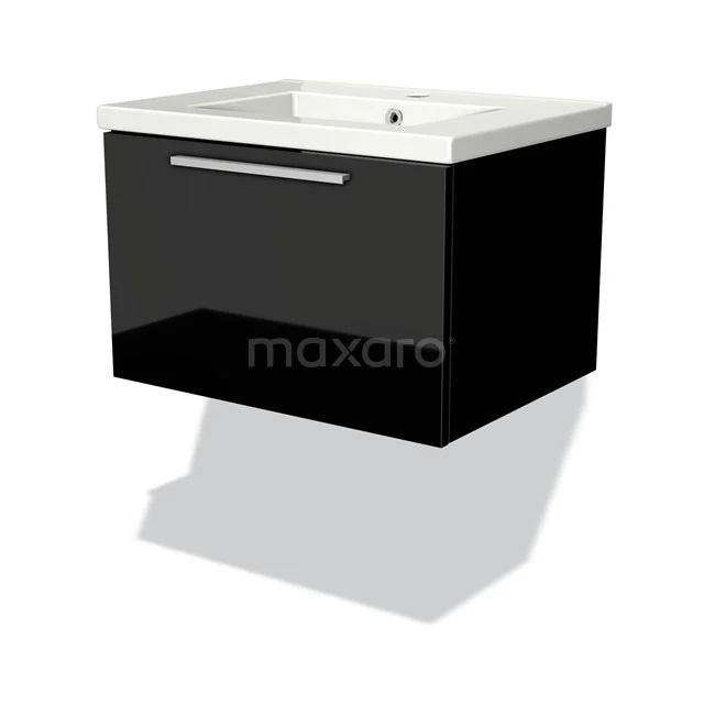 Schwarzer schwebender Badschrank mit weißem keramischen Waschbecken, modernem Finish und stilvollem Metallhaltegriff.