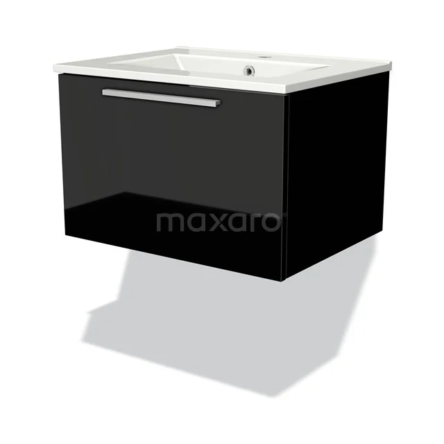 Black glossy basin base cabinet with drawers and built-in white basin, ideal for modern bathrooms.