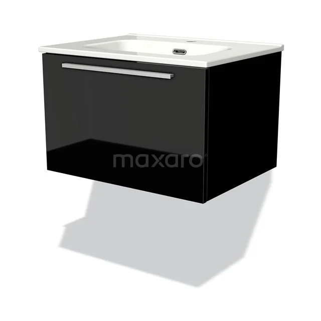 Black floating bathroom unit with high-gloss finish, integrated white vanity units with basin and chrome handle.
