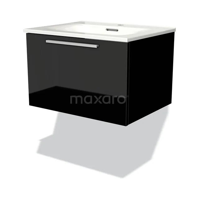 Modulo Waschtische | 60 cm Hochglanz Schwarz Flach front Keramik 1 Schublade BMW11-01251 Schwarzes Badmöbel mit glänzender Oberfläche, integriertem Waschbecken und Schublade mit chromfarbener Haltegriff.