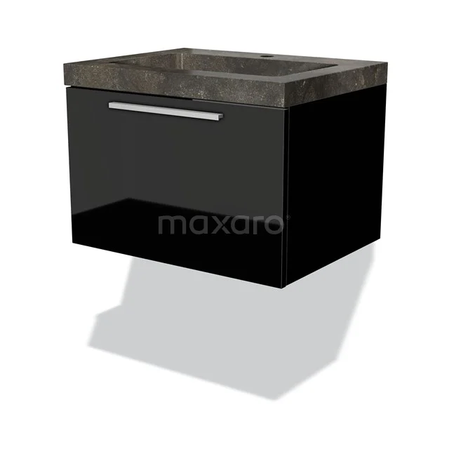 Zwarte, hangende wastafelmeubel met glanzende afwerking en een donker marmeren top, ideaal voor moderne badkamers.