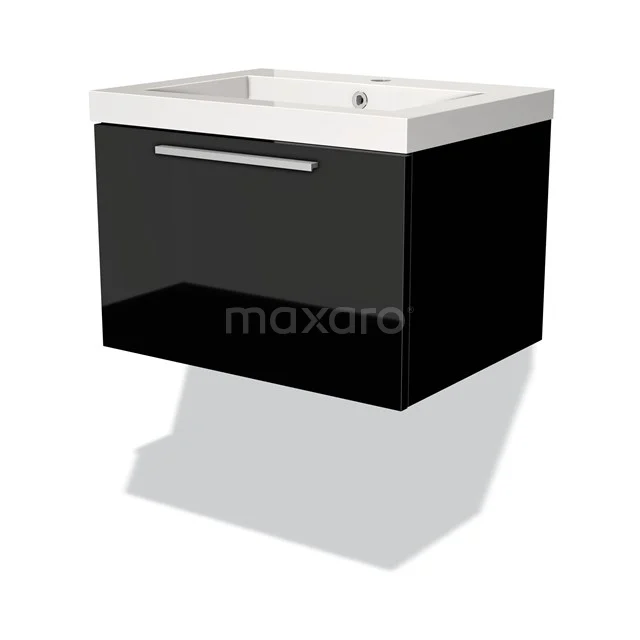 Floating black bathroom cabinet with drawers, glossy finish and integrated white basin made of ceramic, modern design.