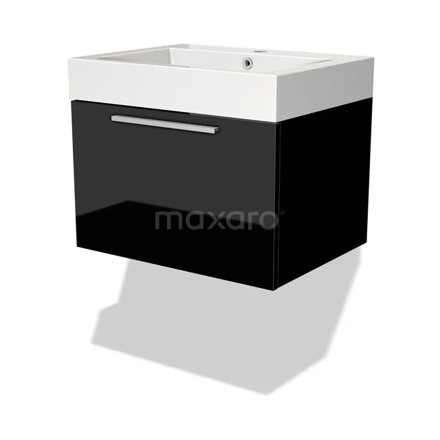 Zwarte wandmeubelset met glanzende lade, geïntegreerde wastafel en strak design; ideale opbergoplossing voor moderne badkamers.