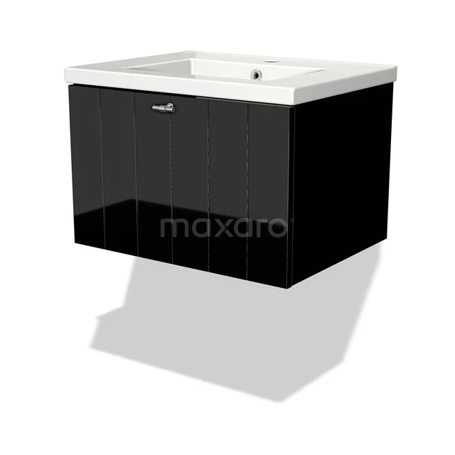 Schwarze glänzende Badmöbelset mit integrierter weißer Waschbecken, schlankem Design und modernem Erscheinungsbild.