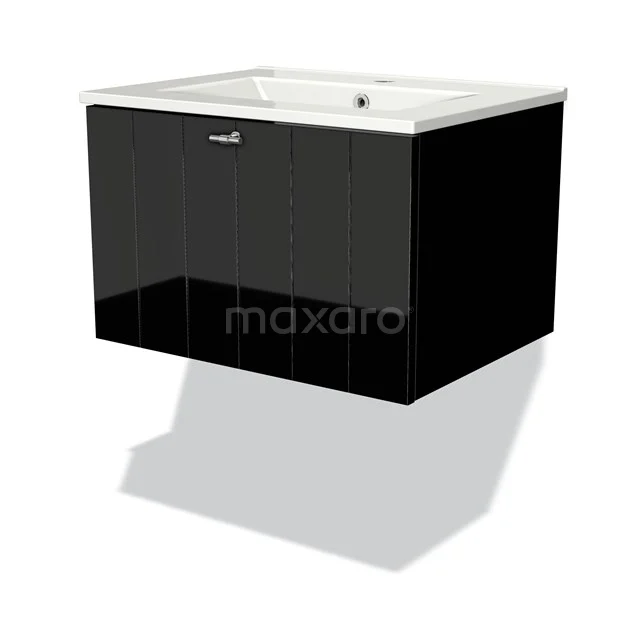 Black bathroom unit with high-gloss finish, built-in white vanity units with basin and chrome handle, modern floating design.