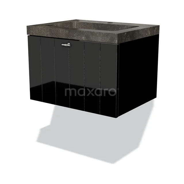Zwarte badkamermeubel met glanzende afwerking en natuurstenen wastafel, modern design voor een stijlvolle badkamer.