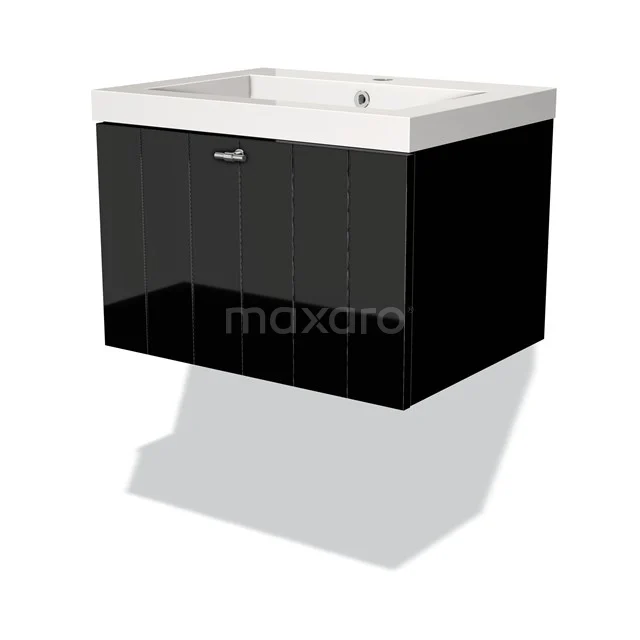 Zwart glanzend hangend badkamermeubel met witte keramische wastafel, modern design en chroom handgreep.